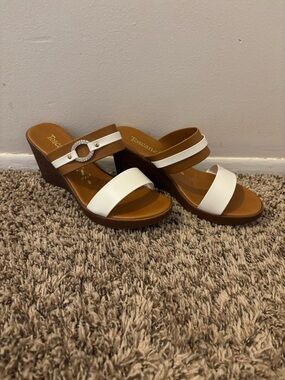 Toscane White & Brown Wedge Sandals with Rhinestone Buckle Accent - New